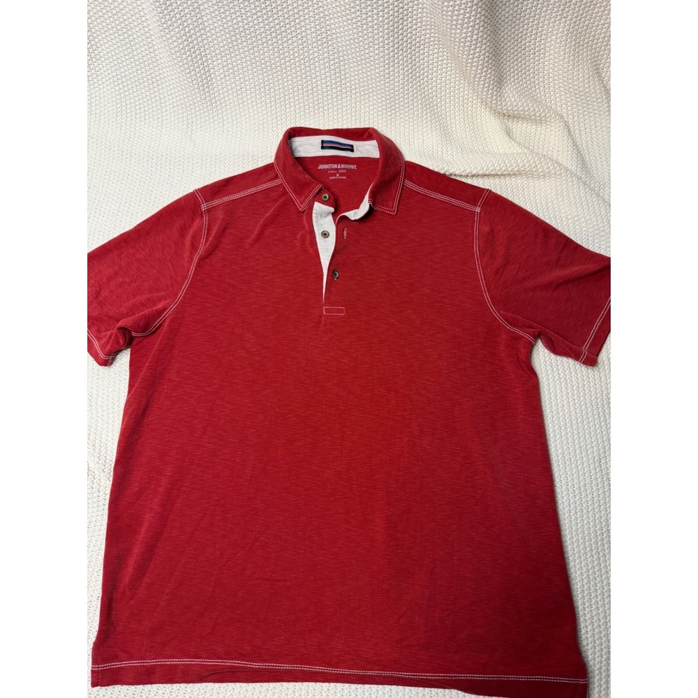 Johnston & Murphy Mens Red Slub Knit Polo Shirt Contrast Stitch Short Sleeve M